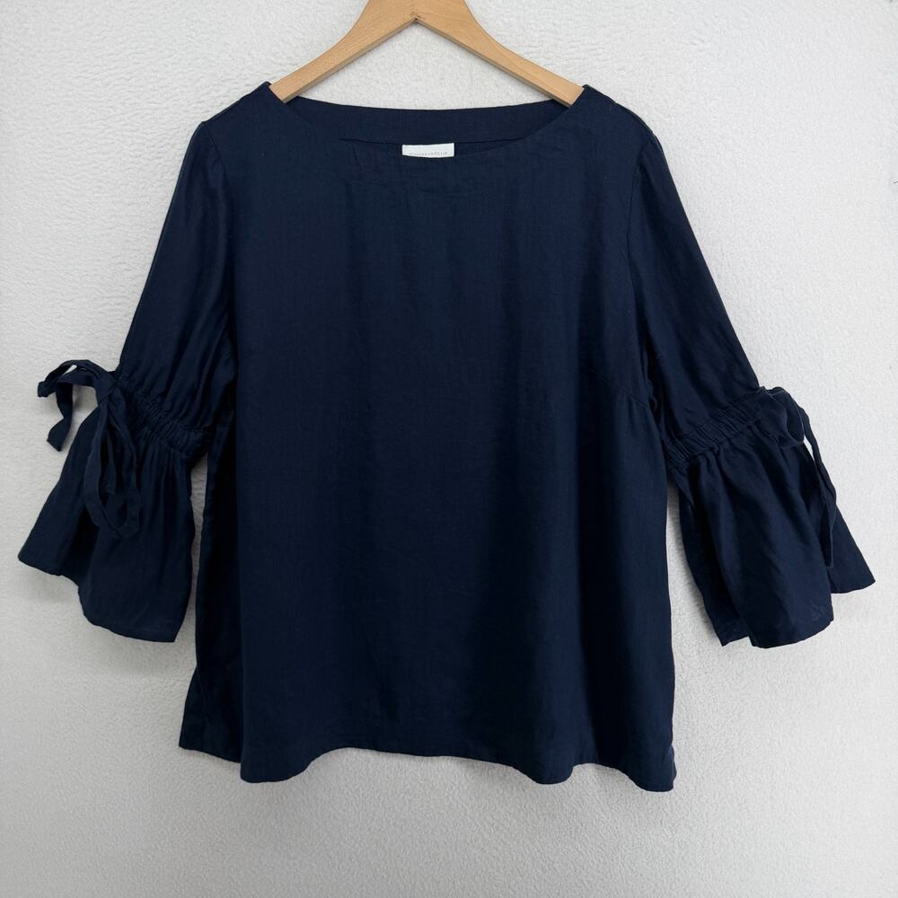 CHARTER CLUB Top Womens L Linen Boat Neck Ruffle Bell Sleeve Blouse Blue